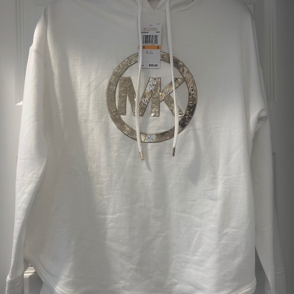 NWT Michael Kors White Hooded Sequin MK Logo Sweatshirt Size S-New with Tags
